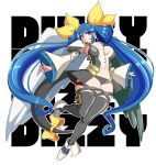  1girl asymmetrical_wings black_legwear black_panties blue_hair breasts character_name dizzy feathered_wings full_body guilty_gear guilty_gear_xrd hair_ribbon hair_rings highres large_breasts long_hair navel panties red_eyes revealing_clothes ribbon shoulder_armor solo spaulders tail tail_ribbon theycallhimcake thick_thighs thigh_strap thighhighs thighs twintails two_side_up underwear very_long_hair wide_sleeves wings yellow_ribbon 
