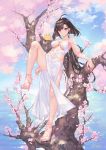  1girl ahoge anchor_hair_ornament animal artist_name ass atdan azur_lane bare_arms bare_legs bare_shoulders bird blue_sky breasts brown_hair cherry_blossoms chick closed_mouth cloud collarbone commentary day dress earrings feet flower hair_ornament hairclip high_heels highres horizon independence_(azur_lane) jewelry leg_up long_hair looking_at_viewer low_ponytail medium_breasts mole mole_on_thigh outdoors pelvic_curtain petals pink_flower pink_footwear red_eyes revision sidelocks sky smile solo standing standing_on_one_leg thighs toes tree very_long_hair water white_dress 