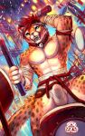  abs bell blue_eyes bulge cheetah cheetahpaws clothing collar detailed_background drum erection erection_under_clothing felid feline hair hi_res japanese male mammal mostly_nude muscular muscular_male musical_instrument open_mouth red_hair sitting solo watermark 