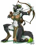  anthro bow_(weapon) breasts canid canine canis clothing female fenrir_lunaris fur hair kneeling loincloth mammal ranged_weapon simple_background solo tribal weapon white_background wolf 