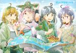  2019 4girls ;o ahoge akebono_(kantai_collection) alternate_costume animal animal_on_head apron bandaid bandaid_on_face black_hair blue_jacket brown_eyes brown_hair bucket bunny crab dress eating food green_dress green_hairband green_skirt green_sweater hair_bobbles hair_ornament hairband hairclip hamburger jacket kantai_collection long_hair map multiple_girls oboro_(kantai_collection) on_head one_eye_closed pink_eyes pink_hair purple_eyes purple_hair sazanami_(kantai_collection) shakeda_mamoshirou shirt short_hair short_sleeves side_ponytail skirt striped striped_shirt stuffed_toy sweater upper_body ushio_(kantai_collection) very_long_hair watch white_shirt wristwatch 