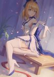  1girl :o ahoge alternate_costume artist_name artoria_pendragon_(all) bangs bare_shoulders blonde_hair blue_ribbon blush breasts choker dress fate/grand_order fate/stay_night fate_(series) green_eyes hair_between_eyes hair_ribbon halter_dress head_tilt high_heels highres holding_shoe long_hair looking_at_viewer medium_breasts mool_yueguang open_mouth petals plant potted_plant ribbon saber shoe_removed sidelocks sitting solo thighhighs white_dress white_footwear white_legwear yokozuwari 