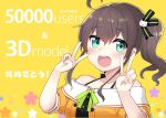  1girl blush brown_hair collarbone commentary_request double_v english_text green_eyes hair_between_eyes hair_ribbon hololive looking_at_viewer minamura_haruki natsuiro_matsuri open_mouth portrait ribbon side_ponytail simple_background solo v vest virtual_youtuber yellow_background 