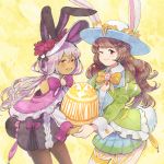  2girls animal_ears bangs black_legwear blush bow breasts brown_hair bunny_ears bunny_girl bunny_tail dark_skin ears_through_headwear easter egg english_text flower hat hat_flower highres long_hair looking_at_viewer mozuku_(mozuuru0323) multiple_girls one_eye_closed open_mouth original pantyhose pink_hair red_eyes small_breasts smile swept_bangs tail thighhighs yellow_background 