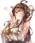  1girl ;) ahoge arm_behind_head armpits breasts brown_hair double_bun eyebrows_visible_through_hair juurouta kantai_collection kongou_(kantai_collection) large_breasts long_hair nontraditional_miko one_eye_closed purple_eyes remodel_(kantai_collection) simple_background smile solo twitter_username upper_body white_background 