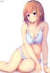  1girl amane_1906 artist_name blush breasts brown_hair cleavage frills highres looking_at_viewer medium_breasts mole mole_on_breast original purple_eyes school_uniform short_hair simple_background sitting smile solo swimsuit thighs white_background white_wristband 