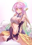  1girl angel_wings breasts bridal_gauntlets crop_top feathered_wings gloves gradient_hair halo highres iwbitu-sa jibril_(no_game_no_life) large_breasts long_hair looking_at_viewer low_wings magic_circle midriff mismatched_legwear multicolored multicolored_eyes multicolored_hair navel no_game_no_life orange_eyes pink_hair purple_eyes sideboob sitting smile solo tattoo very_long_hair white_wings wing_ears wings yellow_eyes 