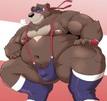  12beat13 2019 anthro belly blush brown_fur bulge clothing cute_fangs fur humanoid_hands male mammal moobs navel nipples overweight overweight_male solo underwear ursid 