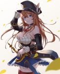  1girl bare_shoulders belt black_headwear blue_eyes blue_skirt braid breasts brown_belt brown_hair cleavage cowboy_shot detached_collar granblue_fantasy haido_(ryuuno_kanzume) hair_between_eyes hat highres large_breasts lecia_(granblue_fantasy) long_hair looking_at_viewer peaked_cap pleated_skirt red_legwear simple_background skirt smile solo sword thighhighs weapon white_background 