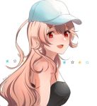  1girl alternate_costume baseball_cap female_my_unit_(fire_emblem_if) fire_emblem fire_emblem_if from_side hat long_hair looking_to_the_side my_unit_(fire_emblem_if) nintendo open_mouth pointy_ears red_eyes simple_background snk_anm solo twitter_username upper_body white_background white_hair 