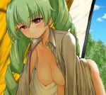  1girl all_fours anchovy blush bottomless breasts clenched_teeth drill_hair girls_und_panzer green_hair hanging_breasts long_hair medium_breasts naked_shirt nipples no_bra no_panties open_clothes red_eyes samurairx shirt solo tears teeth twintails 