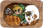  beak belt blonde_hair boots claws digging dirt dirt_pile eyebrows ezlo green_hat green_shirt green_tunic highres link mole_mitts nintendo official_art pointy_ears rock sheathed_sword shield sword teeth the_legend_of_zelda the_legend_of_zelda:_the_minish_cap toon_link tunnel underground white_pants 