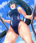  1girl alternate_costume black_hair blue_sky blue_swimsuit breasts cameltoe cloud competition_swimsuit covered_navel day from_below high_ponytail highleg highleg_swimsuit kantai_collection long_hair medium_breasts one-piece_swimsuit open_mouth outdoors ponytail red_eyes sidelocks sky solo swimsuit wet wet_clothes wet_swimsuit yahagi_(kantai_collection) zanntetu 