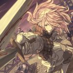  1girl armor blood cloud dagger fire_emblem fire_emblem_if gloves hair_over_one_eye hairband helmet holding holding_sword holding_weapon long_hair long_sleeves mooncanopy nintendo outdoors parted_lips pink_hair pouch sheath shield sky soleil_(fire_emblem_if) solo_focus sword weapon white_gloves 
