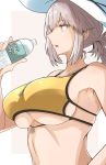  1girl armpits bottle braid breasts chaldea_lifesavers fate/grand_order fate_(series) florence_nightingale_(fate/grand_order) gin_moku hat highres large_breasts pink_hair red_eyes skindentation sun_hat swimsuit underboob water_bottle whistle whistle_around_neck 