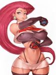  1girl bare_shoulders black_gloves black_legwear black_panties blue_eyes breasts cameltoe commentary_request creatures_(company) earrings elbow_gloves erect_nipples fumio_(rsqkr) game_freak gloves highres jewelry large_breasts lips long_hair looking_at_viewer musashi_(pokemon) navel nintendo panties pink_hair poke_ball pokemon simple_background solo strapless team_rocket thighhighs thighs tubetop underwear very_long_hair white_background wide_hips 