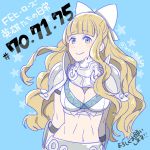  1girl arms_behind_back blonde_hair blue_background blue_eyes bow breasts charlotte_(fire_emblem_if) cleavage closed_mouth fire_emblem fire_emblem_heroes fire_emblem_if hair_bow highres juria0801 long_hair nintendo simple_background smile solo twitter_username upper_body white_bow 
