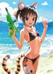  1girl :d absurdres animal_ears beach bikini black_hair blurry blurry_background breasts cowboy_shot day depth_of_field extra_ears fangs finger_on_trigger hair_ribbon halterneck highres index_finger_raised kawakami_rokkaku looking_at_viewer medium_hair navel ocean one-piece_tan open_mouth outdoors purple_eyes ribbon scan side-tie_bikini small_breasts smile solo swimsuit tail tan tanline thigh_strap tiger_ears tiger_tail toranoana twintails water water_gun 