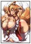  2019 animal_humanoid areola areola_slip asian_mythology bedroom_eyes bell blue_eyes blush border breasts butt canid canid_humanoid canine canine_humanoid cleavage clothed clothing cysh dipstick_ears dipstick_tail ear_tuft east_asian_mythology eyebrow_through_hair eyebrows female fox_humanoid fox_spirit fur glistening hair half-closed_eyes hand_on_breast haori hi_res humanoid japanese_clothing legwear light_skin looking_at_viewer mammal multi_tail multicolored_ears multicolored_tail mythology nipple_slip nipples open_mouth orange_fur packge pink_areola pink_nipples raised_arm red_clothing seductive shadow simple_background smile solo stockings thick_thighs translucent translucent_hair tuft white_border white_clothing white_fur 