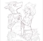  2019 anthro blush braces breasts cheek_tuft chest_tuft choker clothed clothing clouded_leopard duo embarrassed felid feline female fluffy fluffy_tail flustered fur hair hand_on_chest hybrid interspecies male male/female mammal nipple_outline open_mouth pantherine sergal short_hair shorts sketch skimpy smile snow_leopard spots spotted_fur standing tuft 