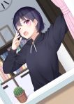  1girl ;o absurdres black_hair black_sweater cactus clock curtains highres holding_curtain indoors looking_at_viewer ochiai_miyabi one_eye_closed original purple_eyes short_hair solo sweater upper_body yawning 