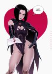  1girl bangs black_cape black_gloves blush bob_cut breasts bridal_gauntlets brooch cameltoe cape cleavage cleavage_cutout commentary confession contrapposto dandon_fuga dc_comics elbow_gloves english_commentary english_text eyelashes eyeshadow forehead forehead_jewel gloves gluteal_fold hand_on_hip heart heart_background heart_cutout highleg highleg_leotard highres jewelry knees large_breasts leotard letter lips lipstick looking_at_viewer makeup nail_polish nose one_eye_closed outstretched_hand parted_bangs pov puckered_lips purple_eyes purple_leotard purple_lipstick purple_nails raven_(dc) shiny shiny_clothes short_hair solo superhero teen_titans thighs toned tsundere 