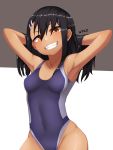  1girl armpits arms_behind_head arms_up artist_name bangs black_hair blush breasts collarbone competition_swimsuit covered_navel cowboy_shot dark_skin fangs grey_background grey_swimsuit grin groin hair_between_eyes hair_ornament hairclip hands_in_hair head_tilt highleg highleg_swimsuit highres hip_focus ijiranaide_nagatoro-san long_hair multicolored multicolored_clothes multicolored_swimsuit nagatoro nickniceth one-piece_swimsuit orange_eyes shiny shiny_hair shiny_skin small_breasts smile solo standing swimsuit teeth two-tone_background white_background 