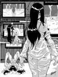  1girl ass black_hair blush breasts cleavage comic dimples_of_venus hair_over_one_eye highres karosu_maker long_hair nipples panties solo television the_ring underwear wet yamamura_sadako 