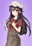  1girl akatsuki_(kantai_collection) alternate_costume anti_(untea9) black_backpack brown_overalls commentary_request eyebrows_visible_through_hair gradient gradient_background hair_between_eyes hat highres ichininmae_no_lady kantai_collection long_hair looking_at_viewer plaid_overalls purple_background purple_eyes purple_hair red_shirt shirt simple_background smile solo t-shirt white_headwear 
