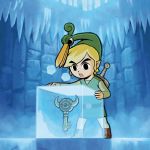  beak belt blonde_hair boots boss_key cave cold eyebrows ezlo green_shirt green_tunic ice ice_block ice_cube icicle key link looking_at_object looking_down nintendo official_art sheathed_sword shield sword the_legend_of_zelda the_legend_of_zelda:_the_minish_cap toon_link tunic video_games visible_breath white_pants 