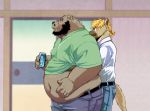  2019 anthro belly blush clothing duo ena_(lm) hug hugging_from_behind humanoid_hands hyaenid kumagaya_shin kumagayasin love_mechanic male male/male mammal navel overweight overweight_male pants shirt spotted_hyena tom_(lm) topwear ursid 