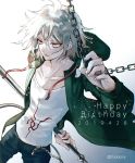  1boy ahoge artist_name chains collarbone commentary_request danganronpa dated green_jacket grey_eyes hair_between_eyes happy_birthday holding hood hooded_jacket hoodie jacket komaeda_nagito long_hair long_sleeves male_focus messy_hair pants sakuyu shirt solo super_danganronpa_2 white_hair white_shirt 