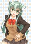  1girl :d animal_ears blush breasts brown_jacket brown_skirt cardigan cat_ears cowboy_shot green_eyes green_hair hair_between_eyes hair_ornament hairclip hand_on_hip highres izumo_ayuka jacket kantai_collection long_hair looking_at_viewer medium_breasts open_cardigan open_clothes open_mouth pleated_skirt remodel_(kantai_collection) school_uniform skirt smile solo suzuya_(kantai_collection) 