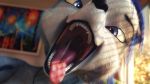  16:9 2018 blue_eyes blue_fur blue_hair cakeinferno canid canine detailed_background female fox fur hair krystal looking_at_viewer mammal mouth_shot nintendo saliva sharp_teeth solo star_fox teeth tongue tongue_out video_games white_fur 