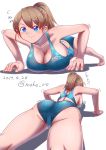  1girl ass blue_eyes blue_swimsuit breasts brown_hair cameltoe cleavage commentary_request competition_swimsuit dated exercise intrepid_(kantai_collection) kantai_collection large_breasts mokerou multiple_views one-piece_swimsuit ponytail push-ups short_hair simple_background swimsuit twitter_username white_background 