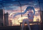  1girl bench blue_eyes blue_hair cellphone chain-link_fence city cloud detached_sleeves earmuffs fence floating_hair hat hatsune_miku highres long_hair phone scarf scenery sitting skirt sky smartphone solo sunset thighhighs twintails very_long_hair vocaloid white_legwear yue_yue 