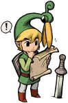  beak belt blonde_hair boots exclamation_point eyebrow_raise eyebrows ezlo green_hat green_shirt green_tunic hand_on_chin holding link looking_at_object male map nintendo official_art pointy_ears raised_eyebrow shield speech_bubble sword the_legend_of_zelda the_legend_of_zelda:_the_minish_cap thinking toon_link tunic white_pants 
