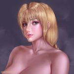  1girl bangs bare_shoulders blonde_hair blue_eyes braid breasts cleavage collarbone large_breasts long_hair mature pink_lips raphire single_braid sophitia_alexandra soul_calibur soulcalibur_vi 