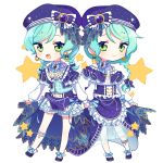  2girls :d alternate_hairstyle aqua_hair ascot bang_dream! beret blue_bow blue_headwear blue_neckwear blush bow bow_footwear bowtie braid brooch constellation_hair_ornament constellation_print double-breasted earrings frilled_shirt_collar frills full_body green_eyes hand_holding hat hat_bow highres hikawa_hina hikawa_sayo hinakano_h jewelry leg_strap long_hair long_sleeves looking_at_viewer medium_hair multiple_girls navy_blue_footwear open_mouth overskirt shoes siblings single_braid sisters skirt_hold smile standing star starry_sky_print striped transparent_background twin_braids twins vertical_stripes 