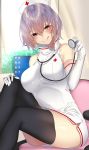  1girl :q bare_shoulders black_legwear blush breasts brown_eyes elbow_gloves gloves hair_between_eyes hat highres large_breasts looking_at_viewer monitor nurse nurse_cap onineko-chan original purple_hair short_hair sitting smile solo stethoscope thighhighs tongue tongue_out white_background 