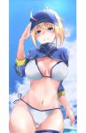  1girl absurdres ahoge artoria_pendragon_(all) baseball_cap bikini blonde_hair blue_headwear blue_sky blush breasts cloud cloudy_sky commentary_request day fate/grand_order fate_(series) gluteal_fold grin hair_through_headwear hat head_tilt high_ponytail highres horizon large_breasts long_sleeves mysterious_heroine_xx_(foreigner) navel ocean ponytail salute shrug_(clothing) side-tie_bikini sidelocks sky smile solo swimsuit thigh_strap water white_bikini yuki_maccha_(yukimattya10) 