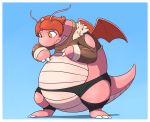  2018 alternate_color ambiguous_gender anthro blue_background claws clothing confusion dragon dragonite hair hi_res nintendo pok&eacute;mon pok&eacute;mon_(species) post_transformation red_hair scalie shirt short_hair simple_background solo standing subakitsu topwear torn_clothing video_games wings 