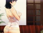  1girl amagasahigasa areolae ass back black_hair blush boku_no_tsuma_no_cg_shuu breasts butt_crack closed_mouth couch freckles from_behind glasses highres indoors large_breasts legs looking_back medium_hair original panties red_eyes see-through sideboob solo standing sweat thighs underwear 