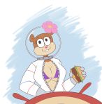  2019 4_fingers :3 absurd_res armor big_breasts bikini breasts brown_fur buckteeth burger cleavage clothed clothing digital_media_(artwork) female flower food fur headgear helmet hi_res holding_object looking_at_viewer mammal minoss nickelodeon open_shirt plant rodent sandy_cheeks sciurid simple_background smile solo spongebob_squarepants swimwear teeth under_boob undressing 