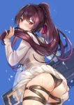  1girl alternate_costume alternate_hairstyle ass bangs black_swimsuit blue_sky blush braid breasts commentary day eyebrows_visible_through_hair from_behind girls_frontline hair_ribbon holding holding_hair large_breasts long_hair looking_at_viewer looking_back one_side_up outdoors parted_lips ponytail purple_hair purple_ribbon qian_wu_atai red_eyes ribbon see-through skindentation sky solo swimsuit thigh_strap tsurime very_long_hair wa2000_(girls_frontline) water_drop weapon_bag 