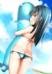  1girl asashio_(kantai_collection) ass bangs bare_shoulders bikini black_hair blue_eyes blue_sky blush butt_crack closed_mouth cloud cloudy_sky comah commentary_request day eyebrows_visible_through_hair highres horizon kantai_collection long_hair looking_at_viewer looking_back object_hug ocean outdoors profile side-tie_bikini sky smile solo striped striped_bikini stuffed_toy swimsuit water 