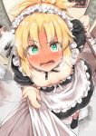  1girl ahoge apron bangs black_footwear blonde_hair blush body_mahattaya_ginga braid breasts commentary_request detached_collar dress eyebrows_visible_through_hair fate_(series) green_eyes hair_intakes hand_on_hip highres indoors long_hair looking_at_viewer maid mordred_(fate)_(all) open_mouth ponytail pov puffy_short_sleeves puffy_sleeves scrunchie shirt_grab short_sleeves small_breasts steam sweat 