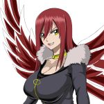  1girl absurdres big_breats breasts cleavage coat evil_grin evil_smile grin highres jacket large_breasts long_hair red_hair smile wings 
