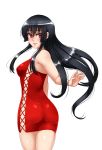  1girl akame akame_ga_kill! ass bare_shoulders black_hair blush breasts dress highres jewelry lips long_hair looking_at_viewer medium_breasts parted_lips pink_eyes red_dress ring simple_background skin_tight smile solo standing twrlare white_background 