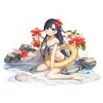  1girl :d absurdres ark_order bangs bare_arms bare_shoulders between_legs bikini black_hair blue_bikini blue_eyes blush breasts cleavage collarbone commentary_request flower front-tie_bikini front-tie_top full_body hair_flower hair_ornament hair_rings hibiscus highres innertube jewelry kneeling leg_garter long_hair looking_at_viewer medium_breasts navel necklace open_mouth red_flower rock side-tie_bikini sidelocks simple_background smile solo stomach strap_slip swimsuit very_long_hair water white_background yue_yue 